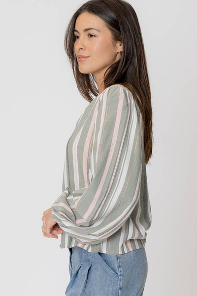 MARIBEL STRIPED BUTTON DOWN BLOUSE IN SAGE-Blouse-MODE-Couture-Boutique-Womens-Clothing