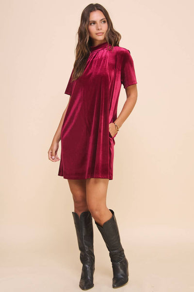 NATALIE MOCK NECK VELVET DRESS IN BURGUNDY-MODE-Couture-Boutique-Womens-Clothing