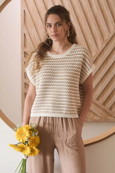 HARBOR STRIPE KNIT TEE IN KHAKI-Tops-MODE-Couture-Boutique-Womens-Clothing