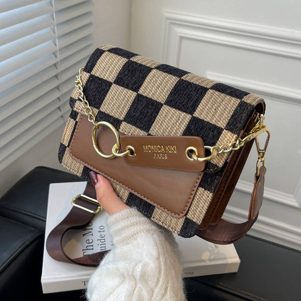 FASHIONABLE CHECKERBOARD SHOULDER BAG_CWAB1545: COFFEE / (OS) 1-MODE-Couture-Boutique-Womens-Clothing
