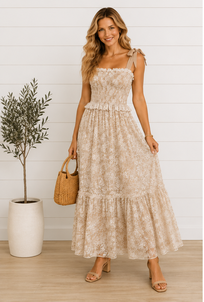 ROMANTIC DREAMS TIE SHOULDER LACE MIDI DRESS IN EGGSHELL