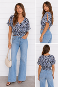 BETSY FLORAL RUCHED TOP IN BLUE-Tops-MODE-Couture-Boutique-Womens-Clothing