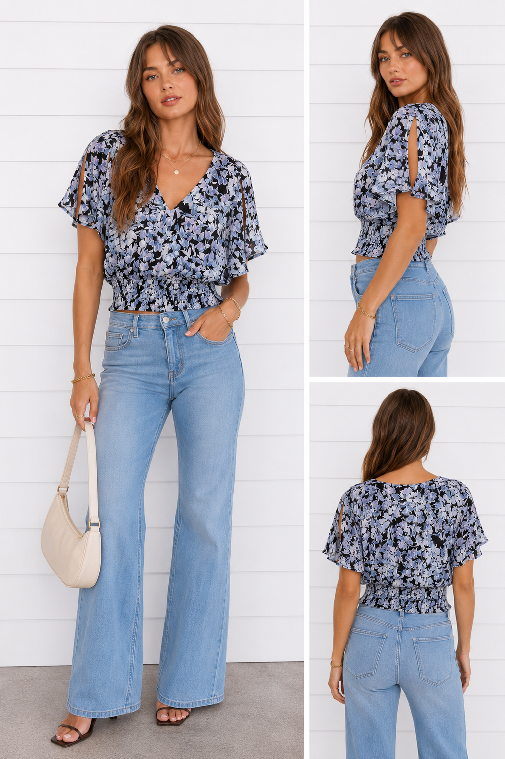 BETSY FLORAL RUCHED TOP IN BLUE-Tops-MODE-Couture-Boutique-Womens-Clothing