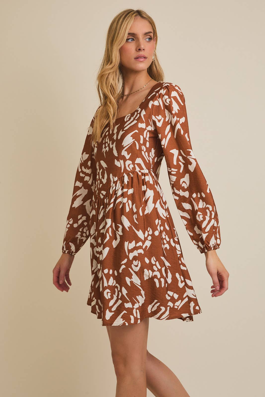 LUCY SQUARE NECK LONG SLEEVE ABSTRACT DRESS IN CAMEL-Dresses-MODE-Couture-Boutique-Womens-Clothing