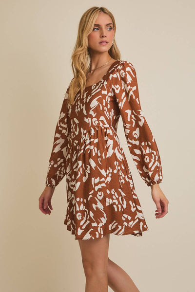 LUCY SQUARE NECK LONG SLEEVE ABSTRACT DRESS IN CAMEL-Dresses-MODE-Couture-Boutique-Womens-Clothing