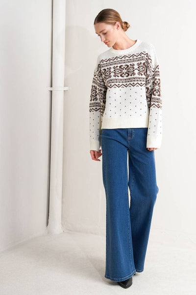 ELINE PULLOVER KNIT SWEATER IN CREAM & BROWN-Sweaters-MODE-Couture-Boutique-Womens-Clothing