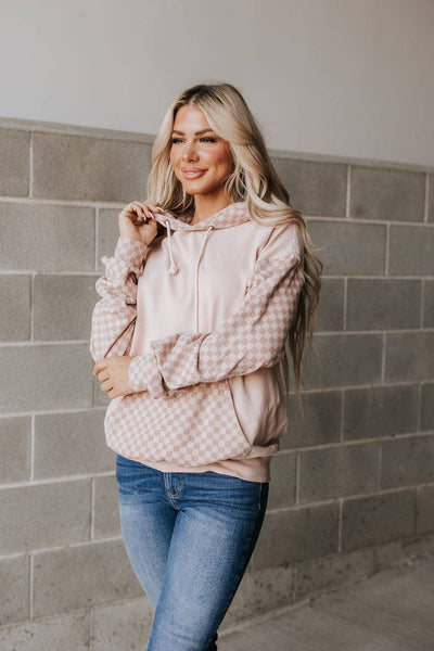 PERFORMANCE FLEECE CHECKERED UNIVERSITY HOODIE IN PINK-pullover sweatshirt-MODE-Couture-Boutique-Womens-Clothing