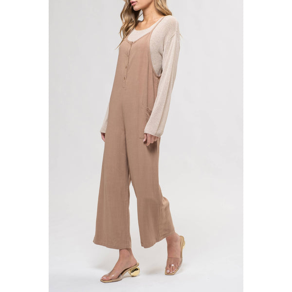 IT'S FALL Y'ALL BUTTON DOWN SLEEVELESS JUMPSUIT IN TAN-JUMPSUIT-MODE-Couture-Boutique-Womens-Clothing