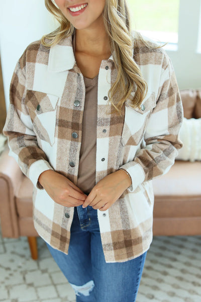 NORAH PLAID SHACKET IN NATURAL-Jacket-MODE-Couture-Boutique-Womens-Clothing