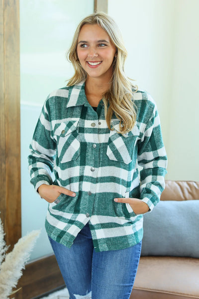 NORAH PLAID SHACKET IN GREEN-Jacket-MODE-Couture-Boutique-Womens-Clothing