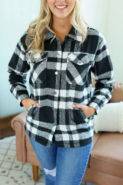 NORAH PLAID SHACKET IN BLACK & WHITE-Jacket-MODE-Couture-Boutique-Womens-Clothing