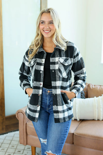 NORAH PLAID SHACKET IN BLACK & WHITE-Jacket-MODE-Couture-Boutique-Womens-Clothing