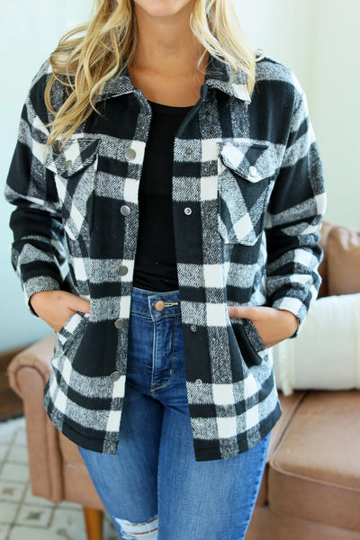 NORAH PLAID SHACKET IN BLACK & WHITE-Jacket-MODE-Couture-Boutique-Womens-Clothing