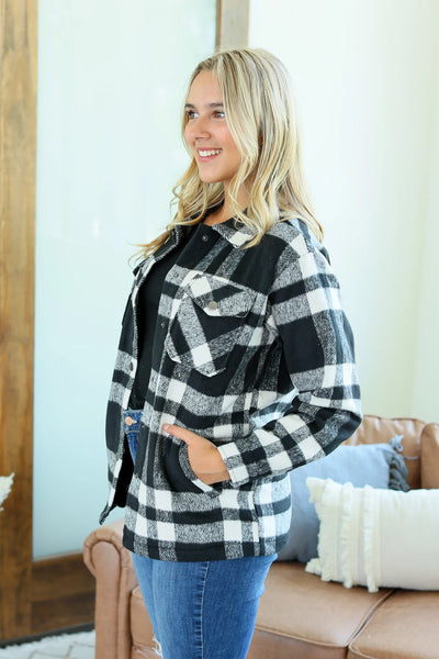 NORAH PLAID SHACKET IN BLACK & WHITE-Jacket-MODE-Couture-Boutique-Womens-Clothing