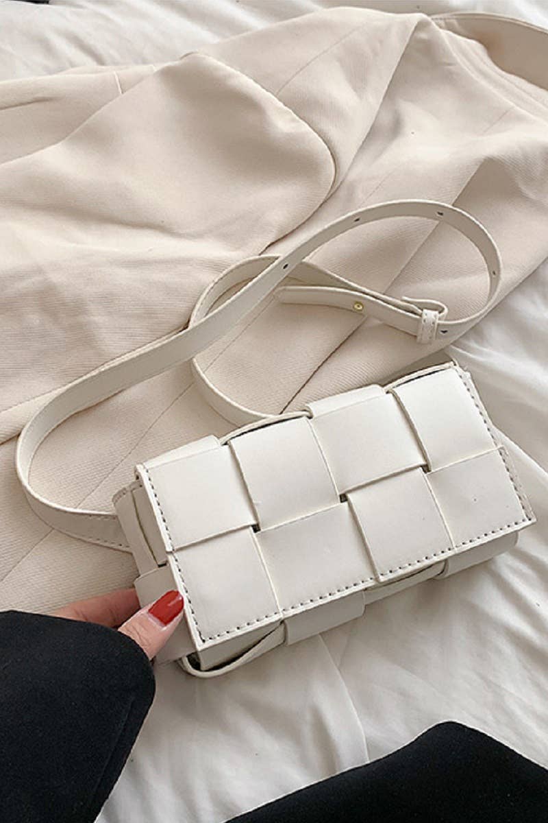 VEGAN LEATHER WOVEN CROSSBODY BAG IN WHITE-BAG-MODE-Couture-Boutique-Womens-Clothing