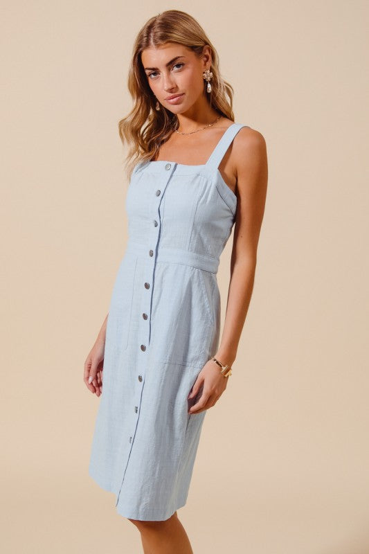 SAYRE BUTTON DOWN FRONT POCKET PINAFORE DRESS IN LIGHT DENIM-DRESS-MODE-Couture-Boutique-Womens-Clothing