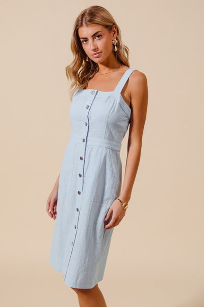 SAYRE BUTTON DOWN FRONT POCKET PINAFORE DRESS IN LIGHT DENIM-DRESS-MODE-Couture-Boutique-Womens-Clothing