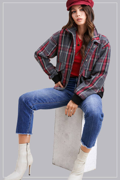 WINTER WONDERLAND CHECKERED RELAXED FIT BOMBER JACKET IN GRAY-Jacket-MODE-Couture-Boutique-Womens-Clothing