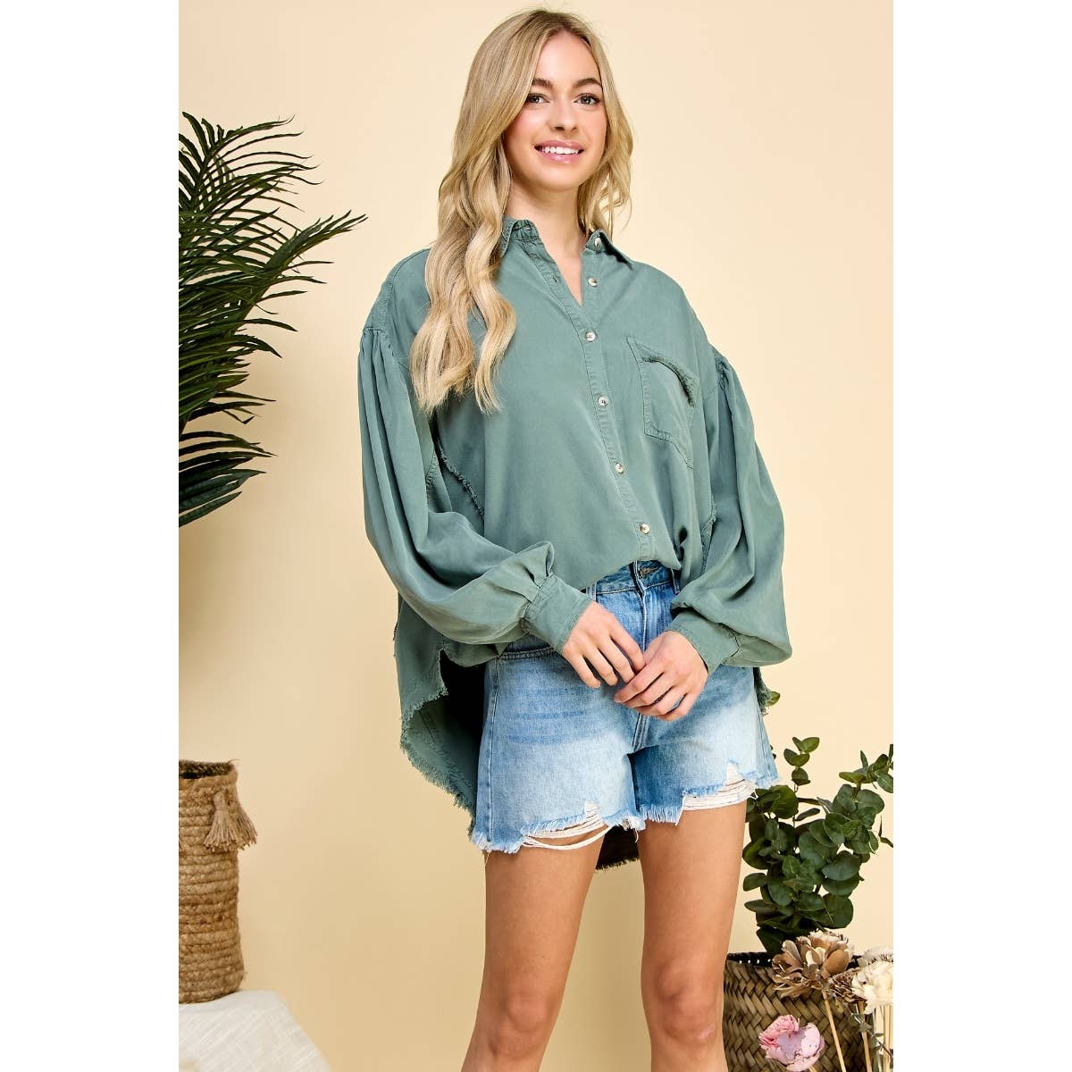 JESSICA OVERSIZE FRAYED HEM BALLOON SLEEVE SHIRT IN SAGE-Shirts & Tops-MODE-Couture-Boutique-Womens-Clothing