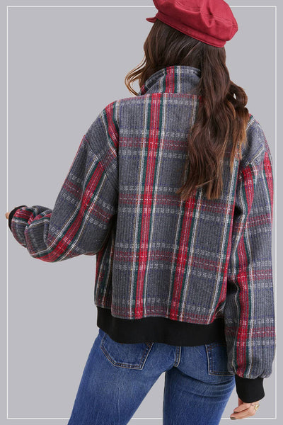 WINTER WONDERLAND CHECKERED RELAXED FIT BOMBER JACKET IN GRAY-Jacket-MODE-Couture-Boutique-Womens-Clothing
