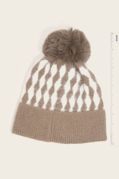 ABSTRACT DIAMOND STRIPE KNIT POM POM BEANIE (MULTI)-beanie hat-MODE-Couture-Boutique-Womens-Clothing