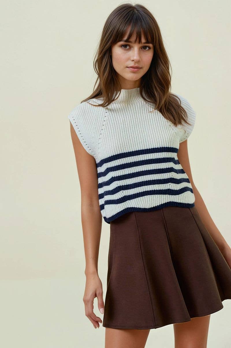 SLEEVELESS TURTLENECK STRIPED KNIT TOP IN IVORY-MODE-Couture-Boutique-Womens-Clothing