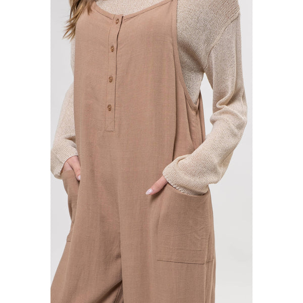 IT'S FALL Y'ALL BUTTON DOWN SLEEVELESS JUMPSUIT IN TAN-JUMPSUIT-MODE-Couture-Boutique-Womens-Clothing