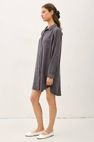 TENCEL ROLL SLEEVE HIGH LOW SHIRT DRESS IN GREIGE-SHIRT DRESS-MODE-Couture-Boutique-Womens-Clothing
