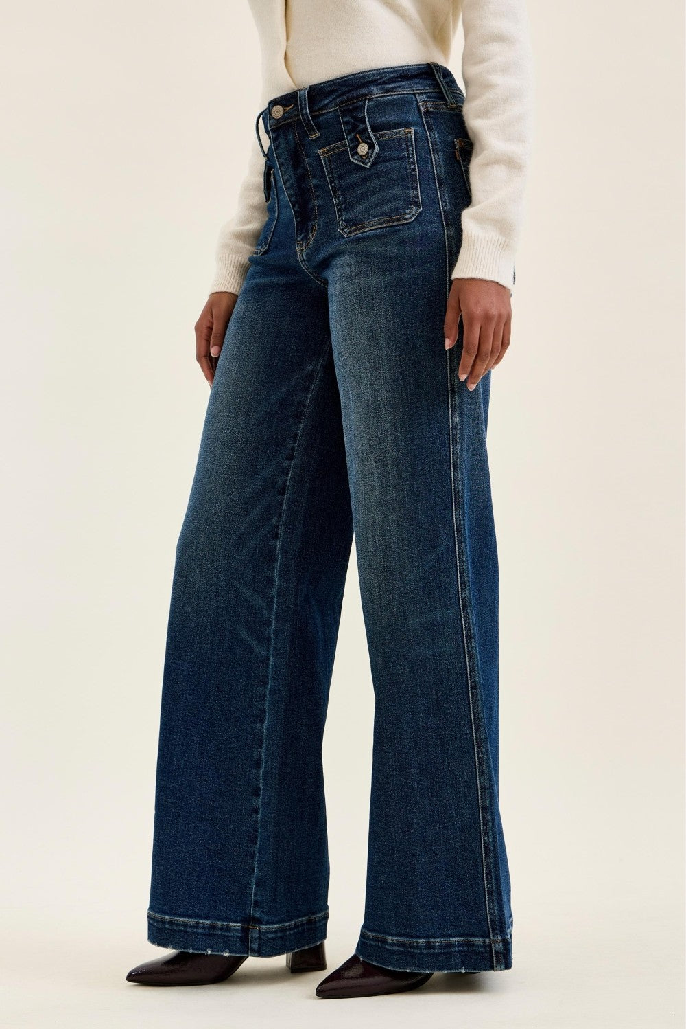 LUX RETRO HIGH RISE WITH FRONT PATCH JEANS IN DARK INDIGO