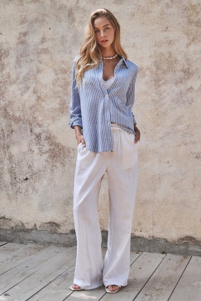 COASTAL CHIC STRIPE BUTTON DOWN LINEN SHIRT IN BLUE-Shirts & Tops-MODE-Couture-Boutique-Womens-Clothing