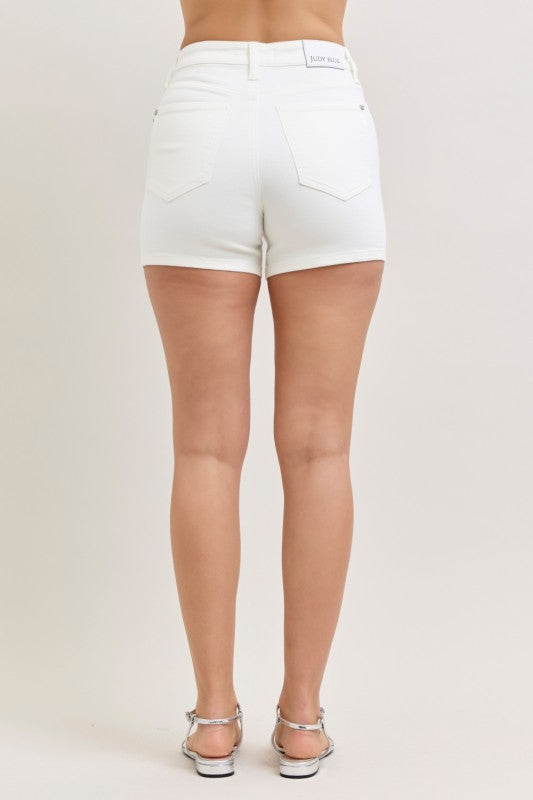 JUDY BLUE HW SLIM DENIM SHORTS IN WHITE-SHORTS-MODE-Couture-Boutique-Womens-Clothing