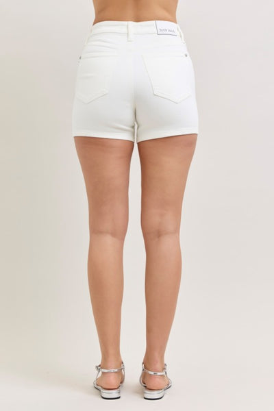 JUDY BLUE HW SLIM DENIM SHORTS IN WHITE-SHORTS-MODE-Couture-Boutique-Womens-Clothing
