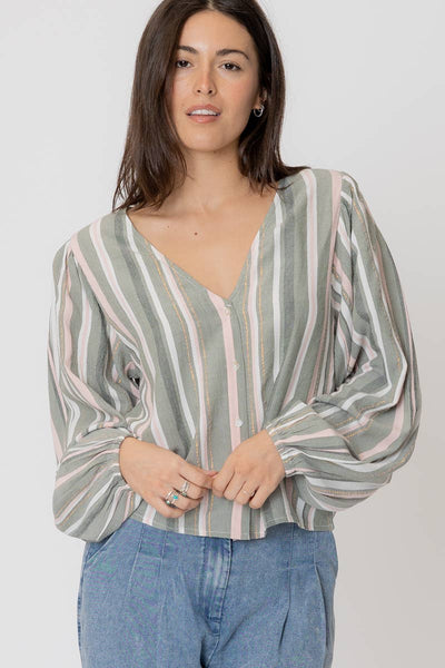 MARIBEL STRIPED BUTTON DOWN BLOUSE IN SAGE-Blouse-MODE-Couture-Boutique-Womens-Clothing