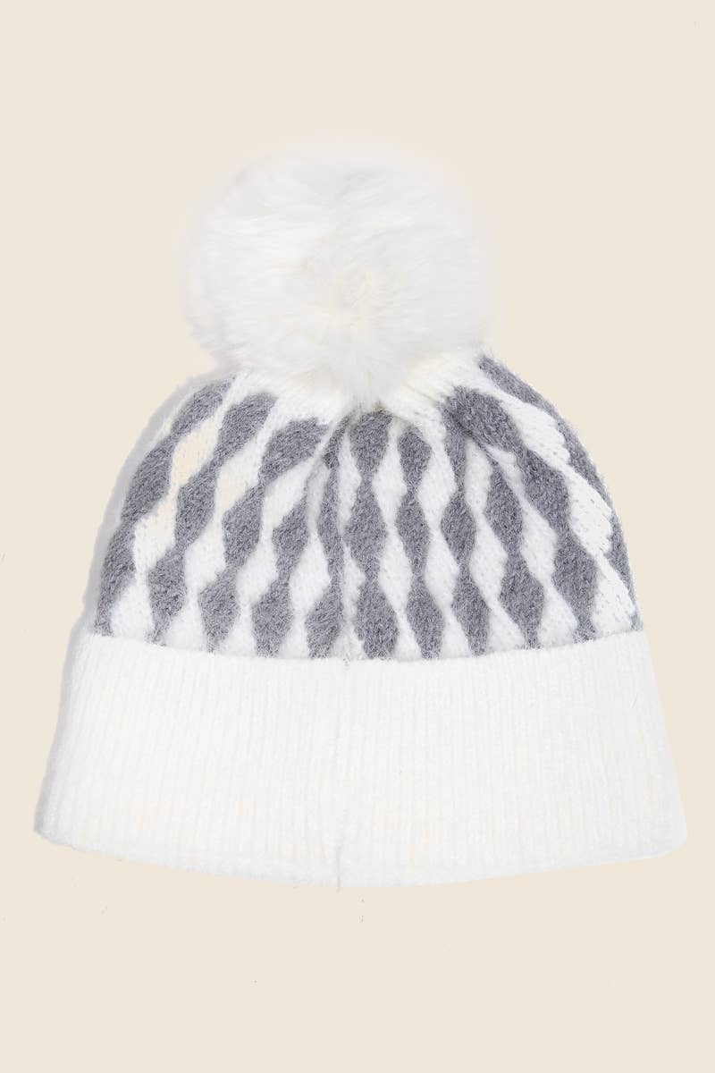 ABSTRACT DIAMOND STRIPE KNIT POM POM BEANIE (MULTI)-beanie hat-MODE-Couture-Boutique-Womens-Clothing