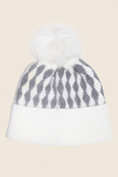 ABSTRACT DIAMOND STRIPE KNIT POM POM BEANIE (MULTI)-beanie hat-MODE-Couture-Boutique-Womens-Clothing