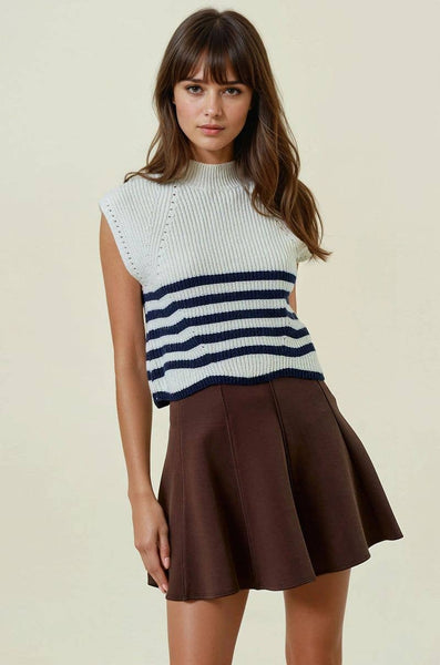 SLEEVELESS TURTLENECK STRIPED KNIT TOP IN IVORY-MODE-Couture-Boutique-Womens-Clothing