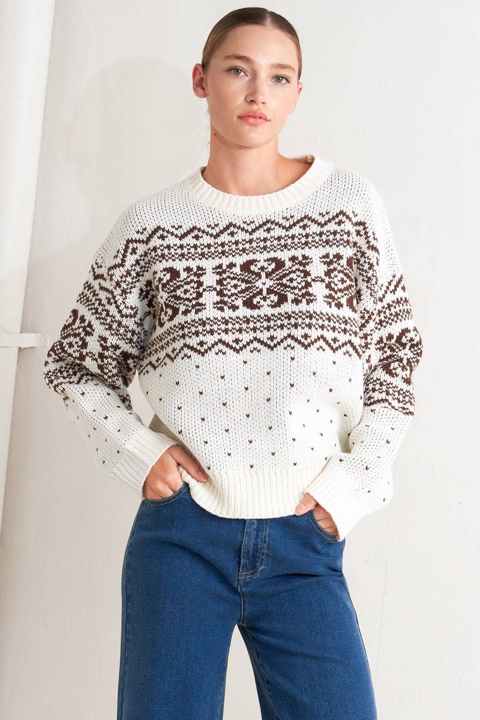ELINE PULLOVER KNIT SWEATER IN CREAM & BROWN-Sweaters-MODE-Couture-Boutique-Womens-Clothing