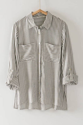 TIMELESS STRIPED BUTTON DOWN BLOUSE IN BLUE-Tops-MODE-Couture-Boutique-Womens-Clothing