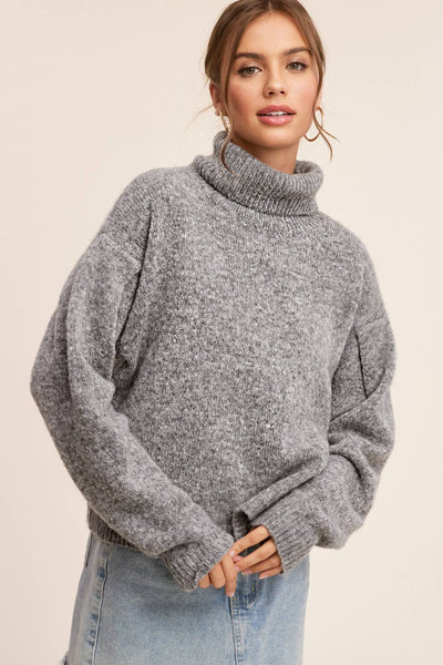 JESSA PIN TUCK LOOSE FIT LONG SLEEVE TOP IN HEATHER CHARCOAL-Sweaters-MODE-Couture-Boutique-Womens-Clothing