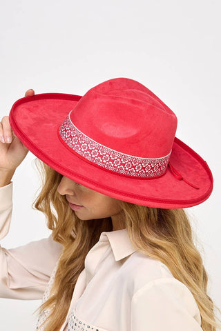 Boho Band Beveled Western Cowboy Fedora Hat In Red-hat-MODE-Couture-Boutique-Womens-Clothing