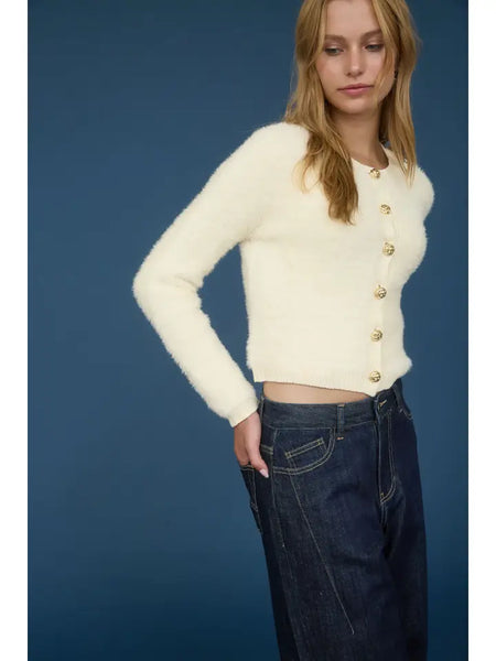 FEELING GOOD BUTTON DOWN FUZZY KNIT CARDIGAN IN LIGHT CREAM-cardigan-MODE-Couture-Boutique-Womens-Clothing