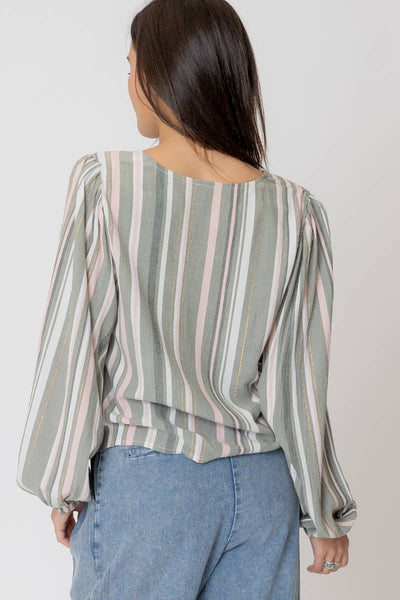MARIBEL STRIPED BUTTON DOWN BLOUSE IN SAGE-Blouse-MODE-Couture-Boutique-Womens-Clothing