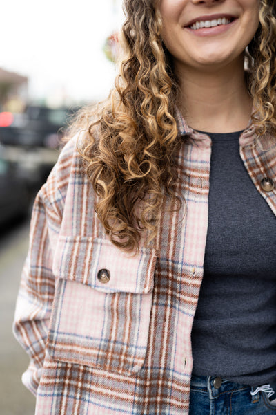 SNOWY NIGHT WOOL MIX PLAID CHECKER LONGLINE FLANNEL JACKET IN PINK-MODE-Couture-Boutique-Womens-Clothing