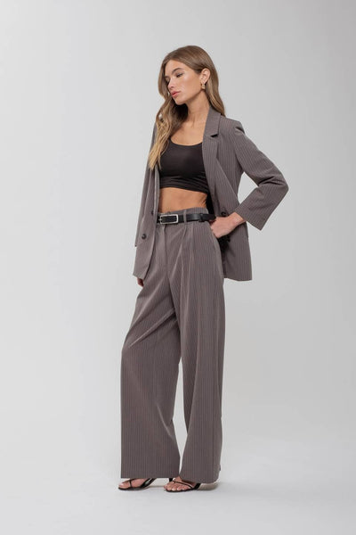 FIERCE & FUN PINSTRIPE WIDE LEG PLEATED PANTS IN GREY-wide leg pant-MODE-Couture-Boutique-Womens-Clothing