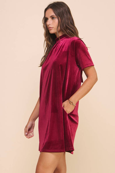 NATALIE MOCK NECK VELVET DRESS IN BURGUNDY-MODE-Couture-Boutique-Womens-Clothing