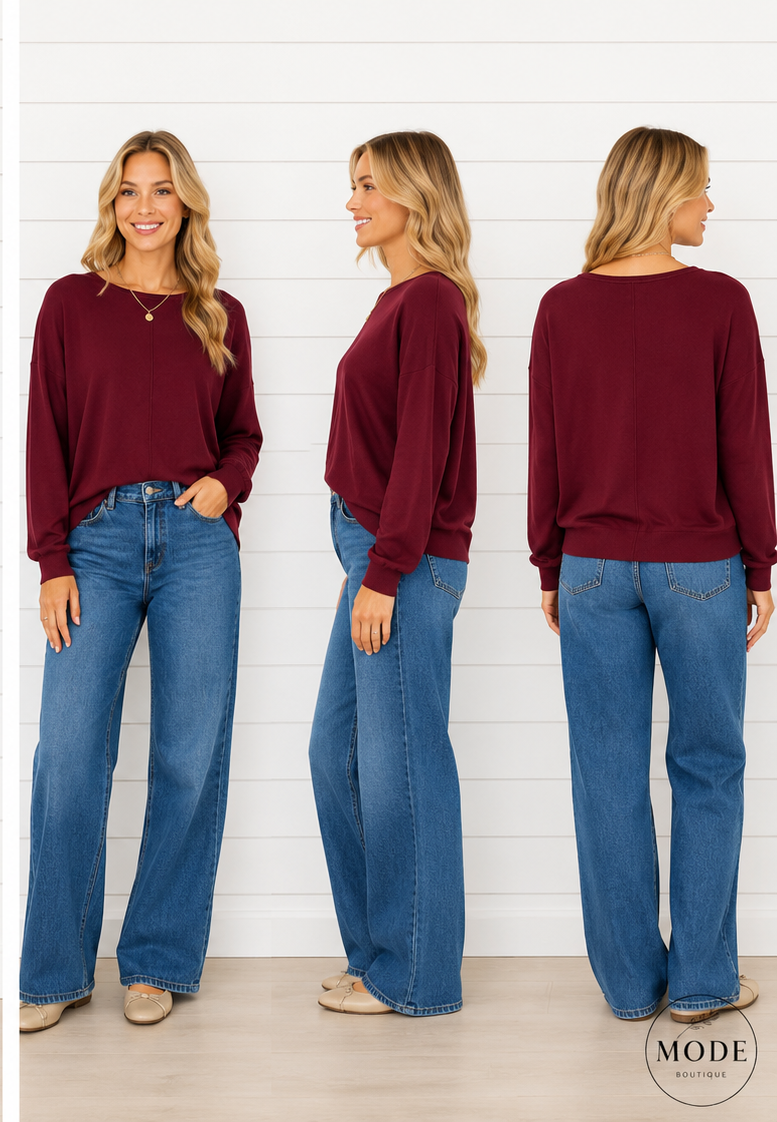 CAMILLA ROUND NECK SOFTEST FRONT SEAM SWEATER IN CURRANT-Sweaters-MODE-Couture-Boutique-Womens-Clothing