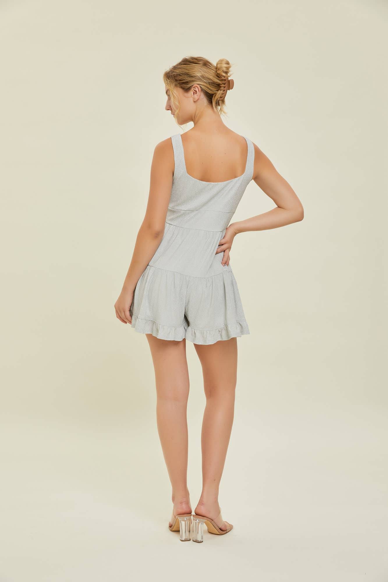 MONICA TIERED SHORT ROMPER IN SILVER-ROMPER-MODE-Couture-Boutique-Womens-Clothing