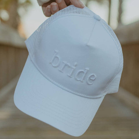 Bride Wholesale 3-D Embroidered Trucker Hat: White-MODE-Couture-Boutique-Womens-Clothing