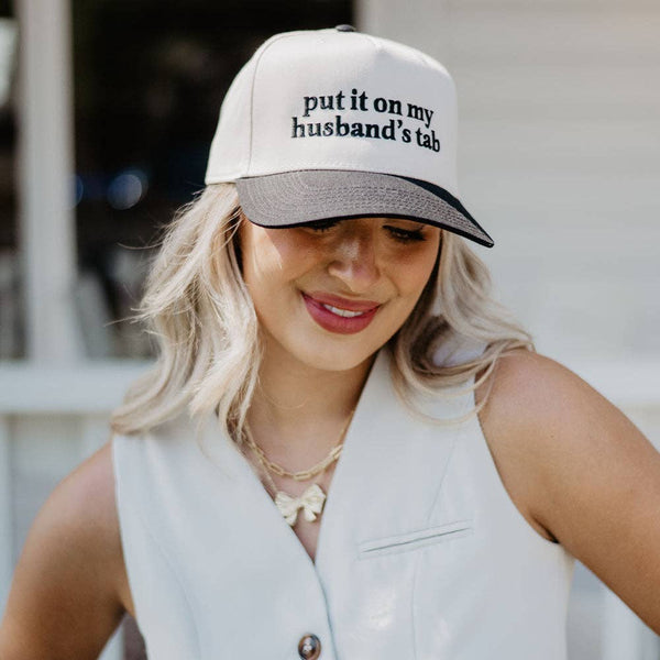 PUT IT ON MY HUSBAND'S TAB TWO-TONED VINTAGE HAT IN BLACK & BEIGE-HATS-MODE-Couture-Boutique-Womens-Clothing