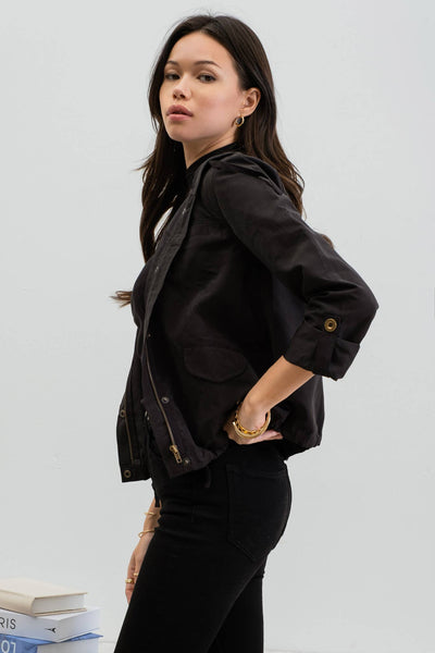 CITY STROLL HOODED UTILITY JACKET IN BLACK-Jacket-MODE-Couture-Boutique-Womens-Clothing